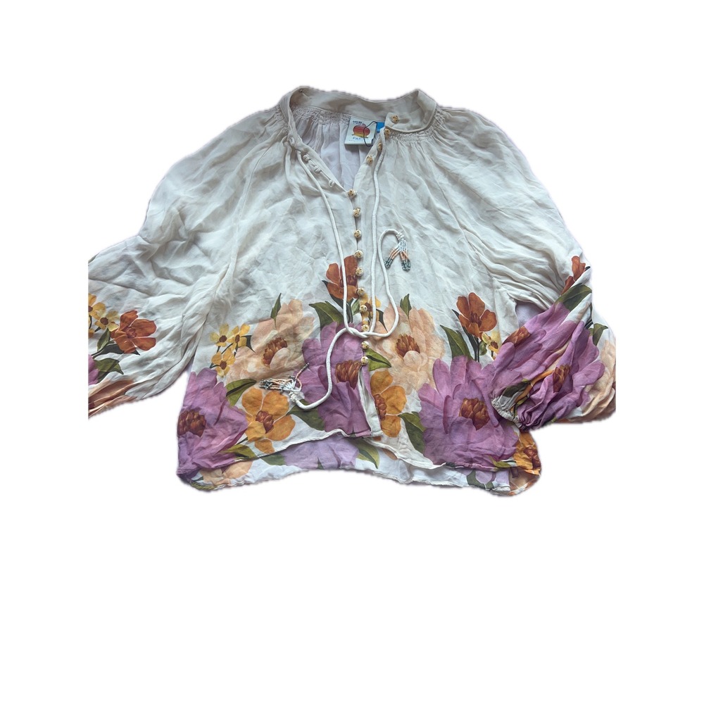 Farm Rio for Anthropologie Floral Print Beaded Tassel Blouse Cream Size M - Picture 3 of 6